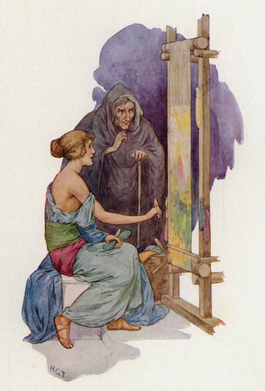 Arachne on muuttumassa hämähäkiksi naamioituneen Minervan toimesta (värilitografia). tekijältä Harry George Theaker
