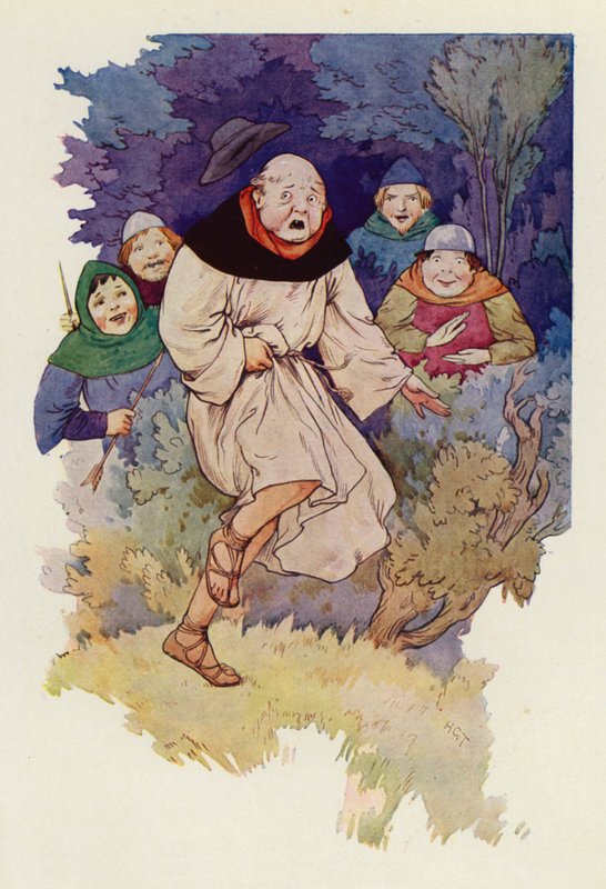 Kun nuolenkärki kosketti ensimmäisen kerran hänen kaapunsa läpi, apotti hyppäsi ilmaan kiljahtaen (värilitografia). tekijältä Harry George Theaker