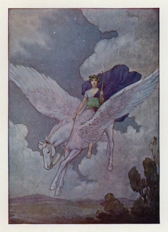 Bellerophon ja hänen hopeasiipinen hevosensa (värilitografia) tekijältä Harry George Theaker