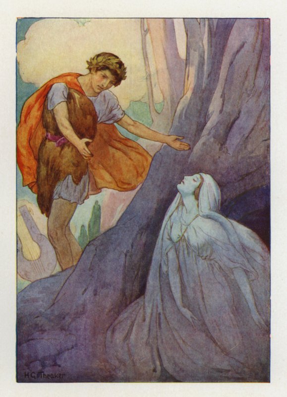 Orfeus huusi iloisesti ja yritti ottaa sen syliinsä (värilitografia). tekijältä Harry George Theaker