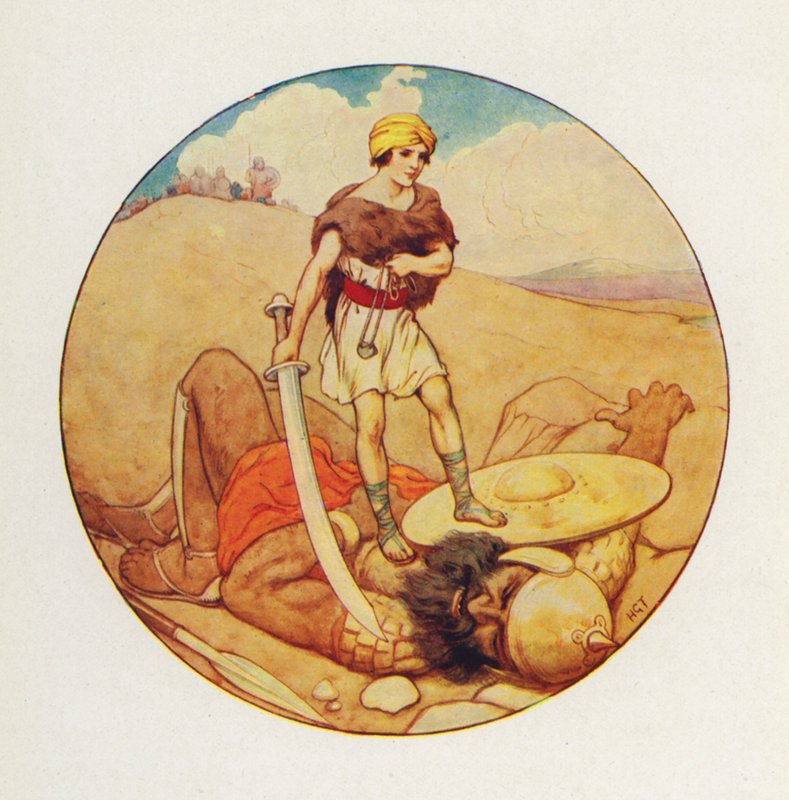 Daavid tarttui jättiläisen omaan miekkaan ja katkaisi Goljatin pään (värilitografia). tekijältä Harry George Theaker