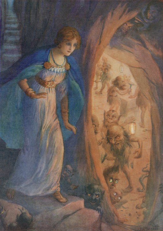 Freyja kääpiöiden luolassa, sarjasta "Freyjan kaulakoru" (värilitografia) tekijältä Harry George Theaker