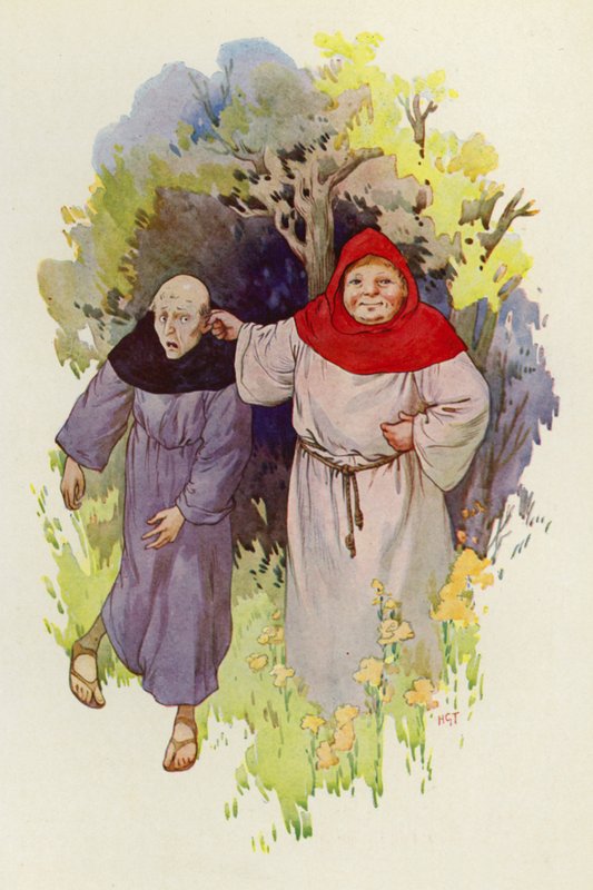 Munkki Tuck johtaa korvasta laihan näköistä, surkeaa munkkia (väriliitokuva). tekijältä Harry George Theaker