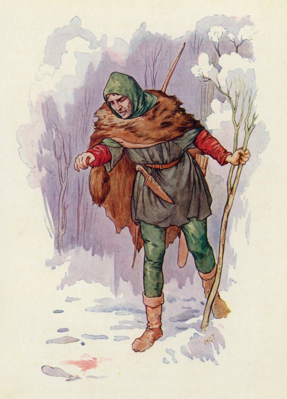 "Ha!" huusi metsänvartija Herbert, "täällä on tapahtunut tappo!" "Täällä on tapettu!" (väriliitos) tekijältä Harry George Theaker