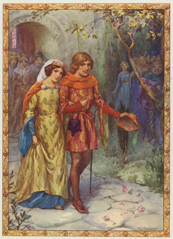 "Hän meni naimisiin ylhäissyntyisen naisen kanssa", The Story of Gamelyn (värilitografia). tekijältä Harry George Theaker