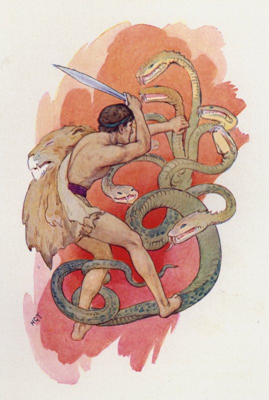Hercules ja seitsenpäinen käärme (värilitografia) tekijältä Harry George Theaker