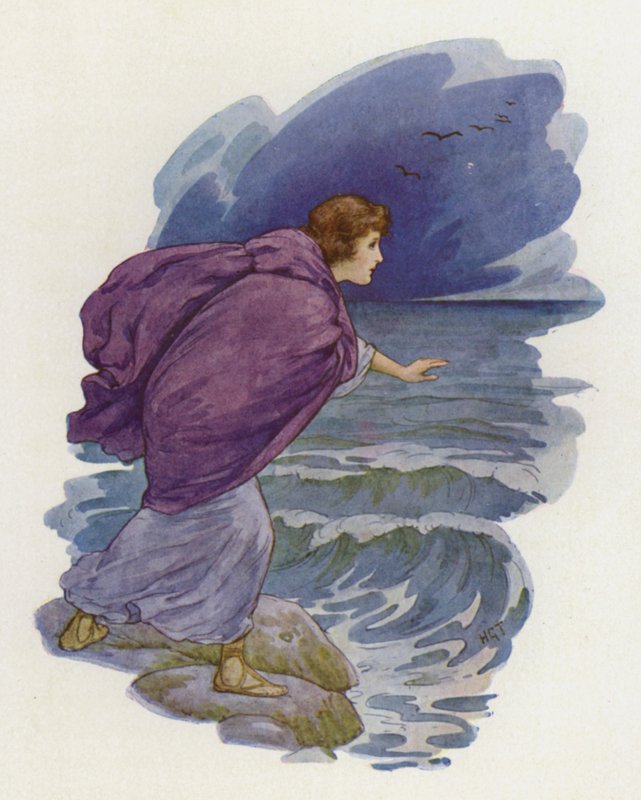 Sankari juoksi rannalle (värilitografia) tekijältä Harry George Theaker