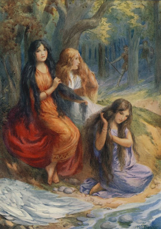 Hladgrun, Olrun ja Alvit, elokuvasta "Wayland the Smith" (värilitografia). tekijältä Harry George Theaker