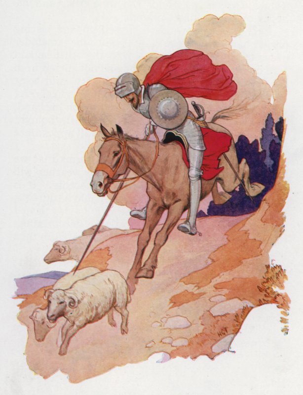 Don Quijoten kuvitus (värilitro) tekijältä Harry George Theaker