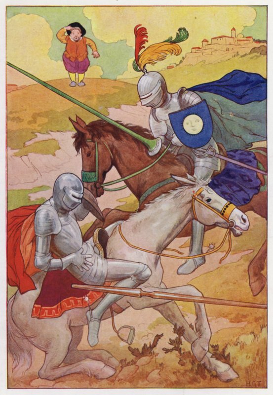 Don Quijoten kuvitus (värilitografia) tekijältä Harry George Theaker