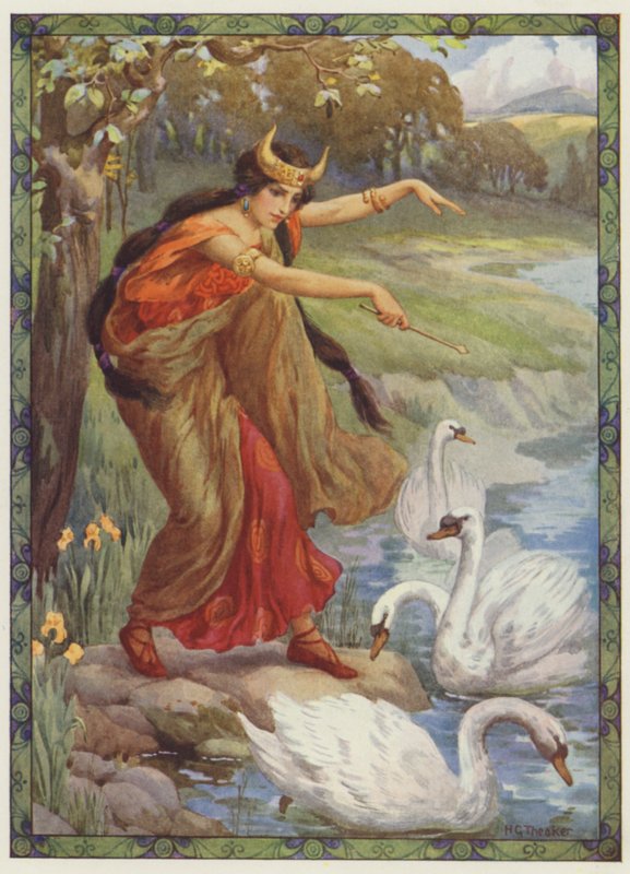"Neljän lapsen sijasta mitä hän näki", Lirin lapset (värilitografia). tekijältä Harry George Theaker