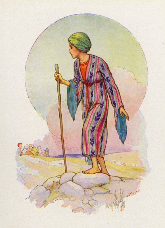 Jaakob teki Joosefille monivärisen takin (värilitografia). tekijältä Harry George Theaker