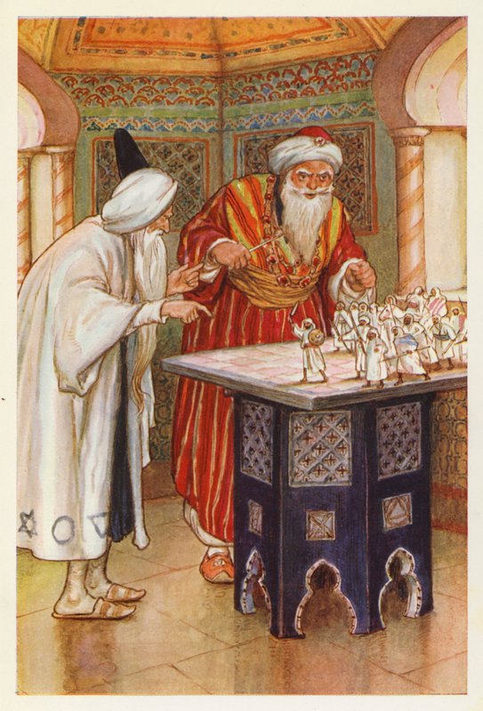 Kuningas Aben Habuz ja arabialainen astrologi (värilitografia) tekijältä Harry George Theaker