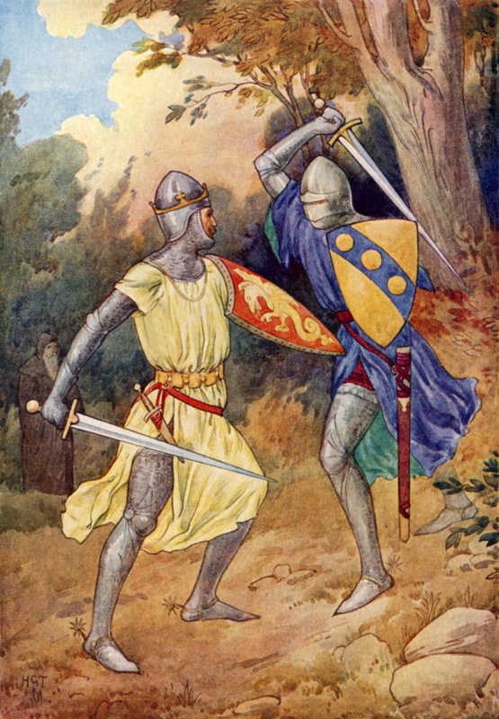 Kuningas Arthur taistelee muukalaisritaria vastaan (värilitografia). tekijältä Harry George Theaker