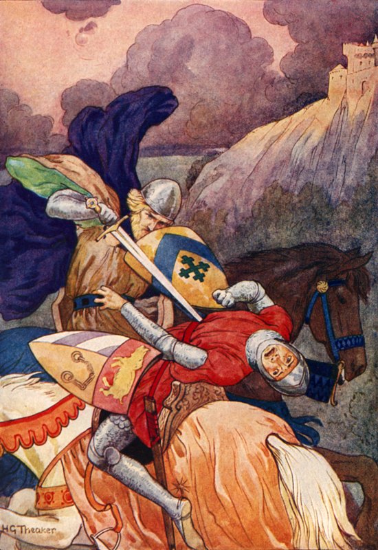 Kuningas Arthur puukottaa vihollista rintaan (värilitografia). tekijältä Harry George Theaker