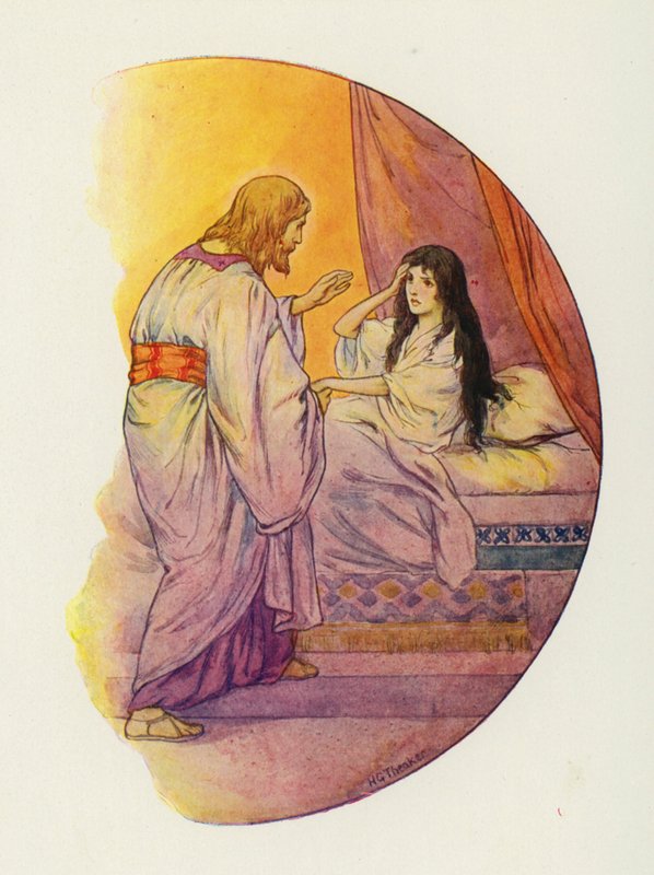"Pieni tyttö", hän sanoi, "nouse ylös!" (värilitografia) tekijältä Harry George Theaker