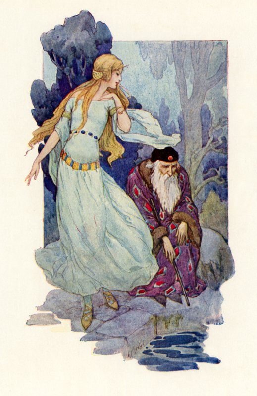 Merlin lumoutui, kun keiju lauloi (värilitografia) tekijältä Harry George Theaker