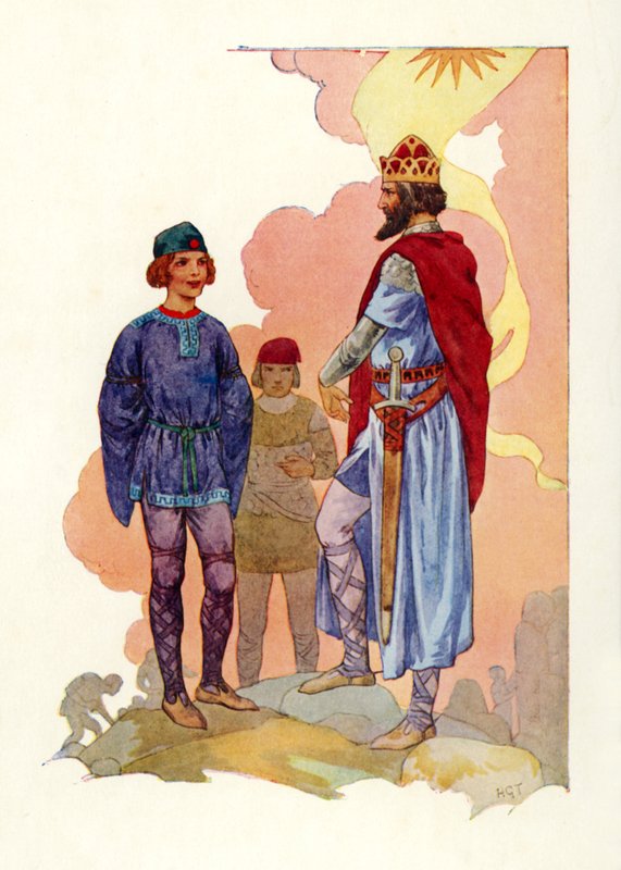 Merlin johdatetaan kuninkaan eteen (värilitografia) tekijältä Harry George Theaker