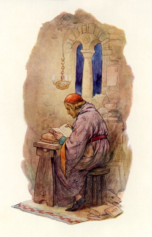 Merlin-lukema (värillinen litografia) tekijältä Harry George Theaker
