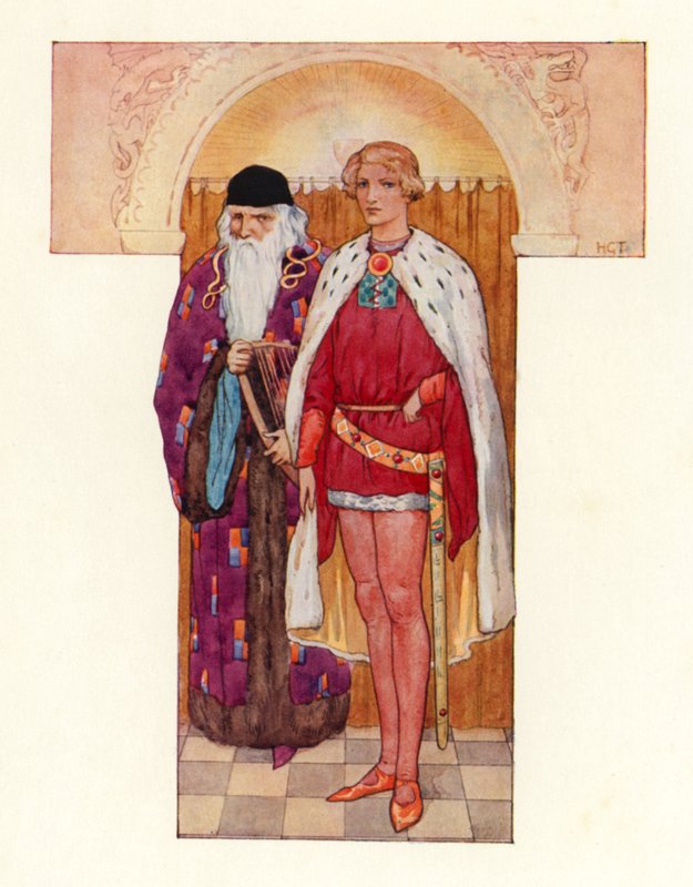 Merlin ja Galahad vierellään (värilitografia). tekijältä Harry George Theaker