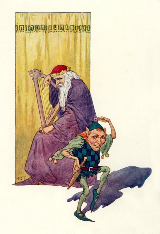 Narsistit ja kääpiöt viihdyttävät kuningasta (värilitografia). tekijältä Harry George Theaker