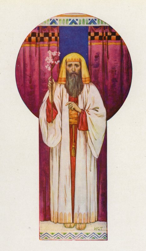 Mooses piti sauvoja ylhäällä (värilitografia). tekijältä Harry George Theaker