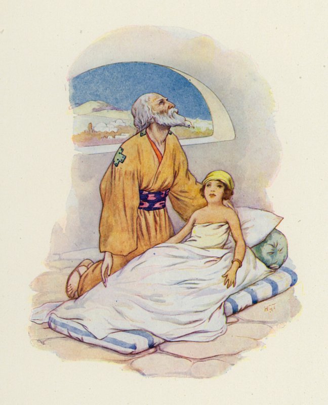 Vielä kerran Elisa painoi pienen lapsen lähelle itseään (värilitografia). tekijältä Harry George Theaker