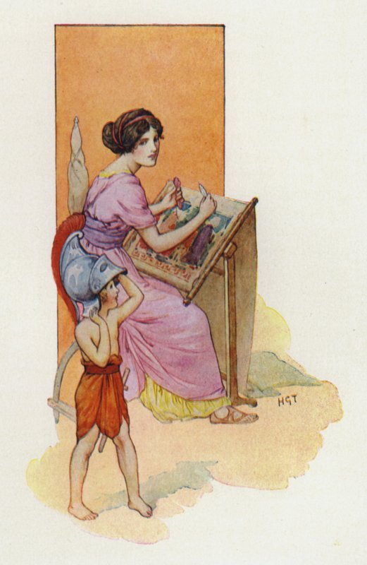 Penelope ja hänen poikansa Telemakos (värilitografia) tekijältä Harry George Theaker