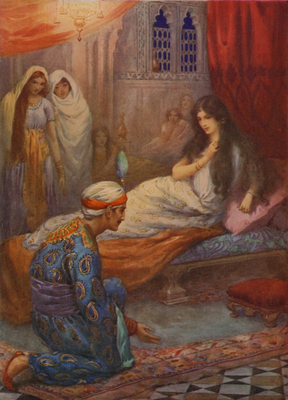 Prinssi Feroze-Shah herättää kauniin prinsessan (värilitografia). tekijältä Harry George Theaker