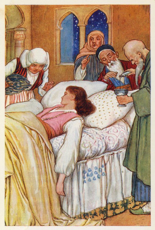 Prinsessa Aldegonda ja hänen lääkärinsä (värilitografia) tekijältä Harry George Theaker
