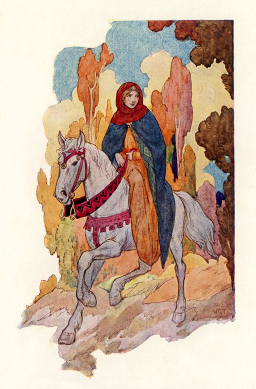 Prinsessa Guinevere ratsastamassa (värilitografia) tekijältä Harry George Theaker