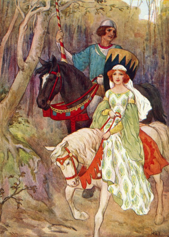 Prinsessa Olwen ja Sikamäen prinssi (värilitografia). tekijältä Harry George Theaker