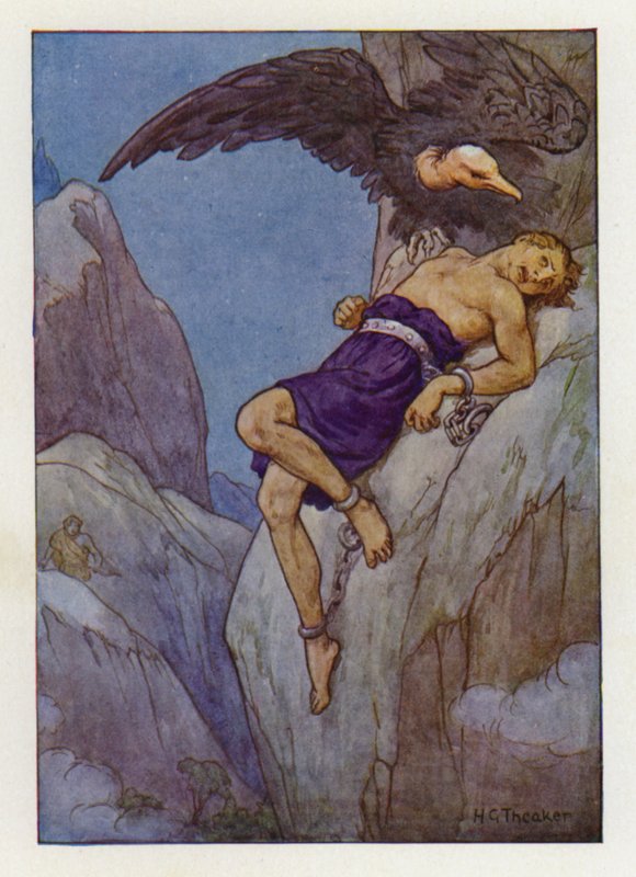 Prometheus kahlittuna kiveen (värilitografia) tekijältä Harry George Theaker