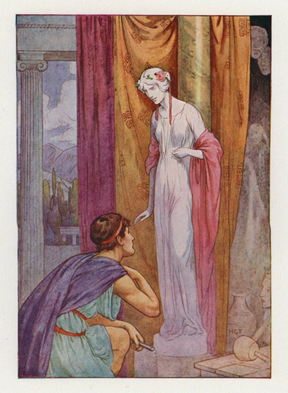 Pygmalion ja veistos (värilitografia) tekijältä Harry George Theaker