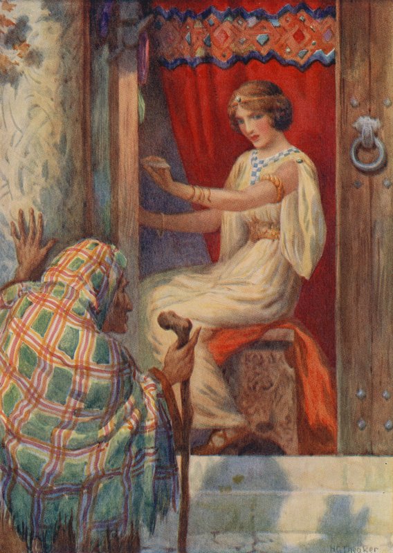 Kuningatar Frigga ja Beldame, elokuvasta "Baldur, rakastettu" (värilitografia). tekijältä Harry George Theaker