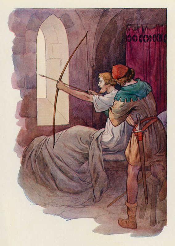 Robin istuu sängyssä ja ampuu nuolen luostarin muurin takana olevaan vihreään metsään (värilitografia). tekijältä Harry George Theaker