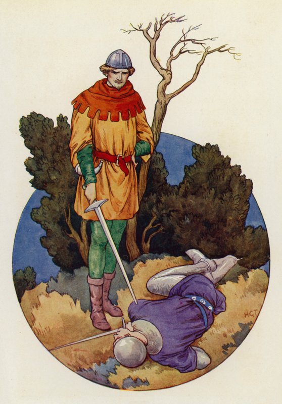 Robin iski kotiin ja yhdellä iskulyönnillä tappoi Guy of Gisbornen (värilitografia). tekijältä Harry George Theaker