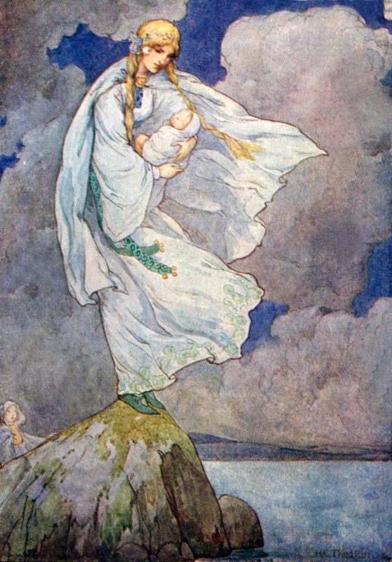 Hän oli vienyt vauvan isolle harmaalle kivelle (värilitografia). tekijältä Harry George Theaker