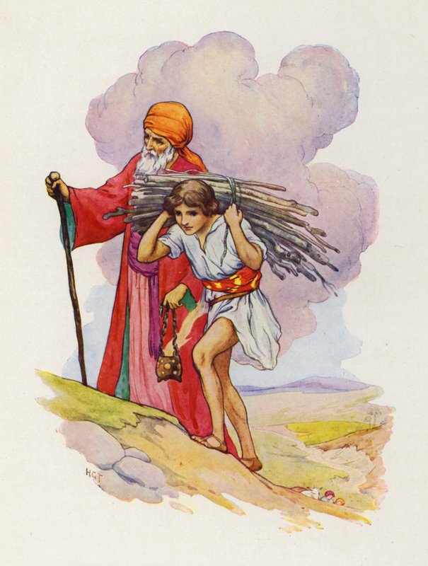 Rinnakkain Aabraham ja Iisak kiipesivät jyrkkää polkua (värilitografia). tekijältä Harry George Theaker