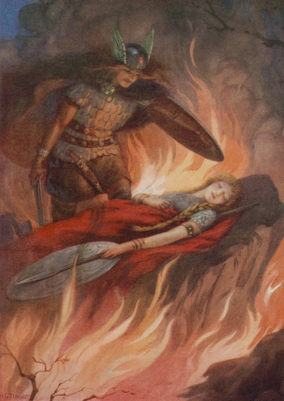 Sigurd ja Brynhild, elokuvasta "Volsungien miekka" (värilitografia). tekijältä Harry George Theaker