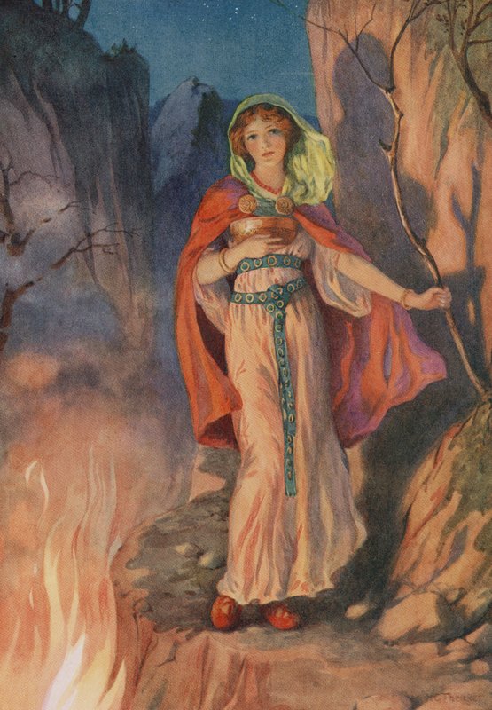 Sigyn, elokuvasta "Lokin ja hänen lastensa kohtalo" (värilitografia) tekijältä Harry George Theaker