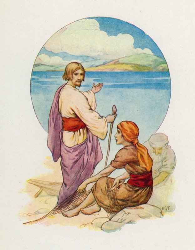"Simon Pietari ja Andreas, tulkaa! Seuratkaa minua!" (värilitografia) tekijältä Harry George Theaker