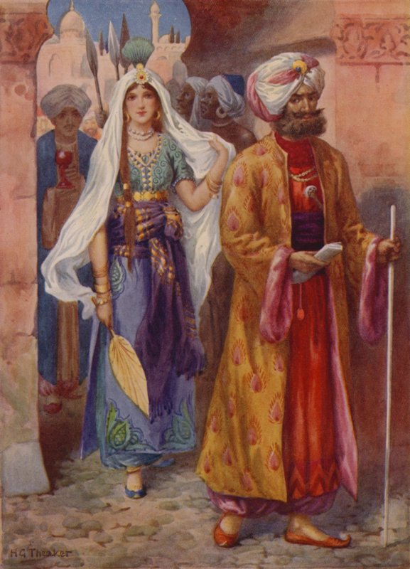 Sindbad tuo lahjat kalifille (värilitografia). tekijältä Harry George Theaker
