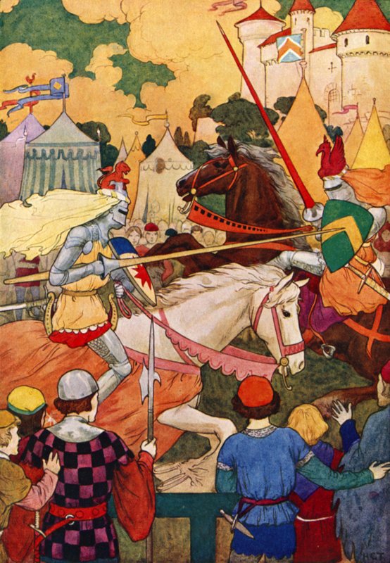 Sir Lancelotin ensimmäinen turnaus (värilitografia) tekijältä Harry George Theaker