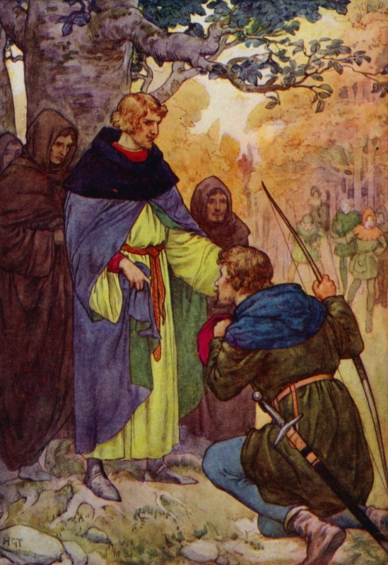 "Sire", sanoi Robin polvistuen, "me Sherwoodilaiset vaadimme kuninkaallista anteeksiantoa" (väriliitossa). tekijältä Harry George Theaker