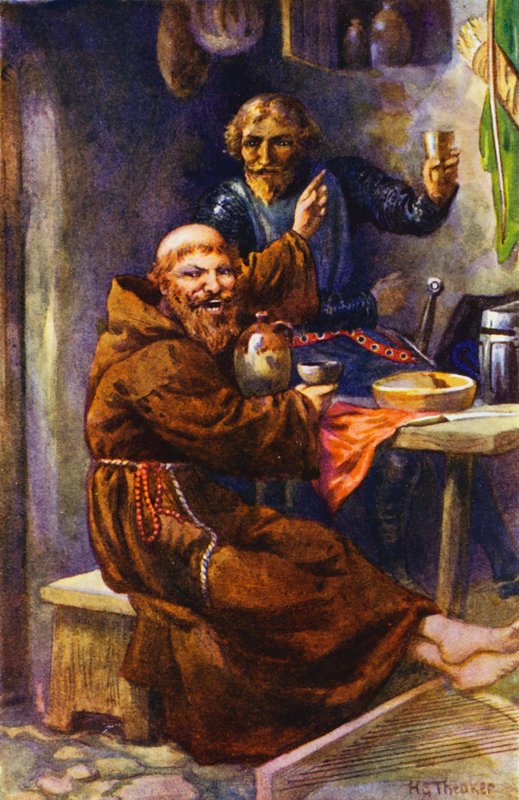 Musta ritari nauttii joviaalin erakon vieraanvaraisuudesta (värilitografia). tekijältä Harry George Theaker