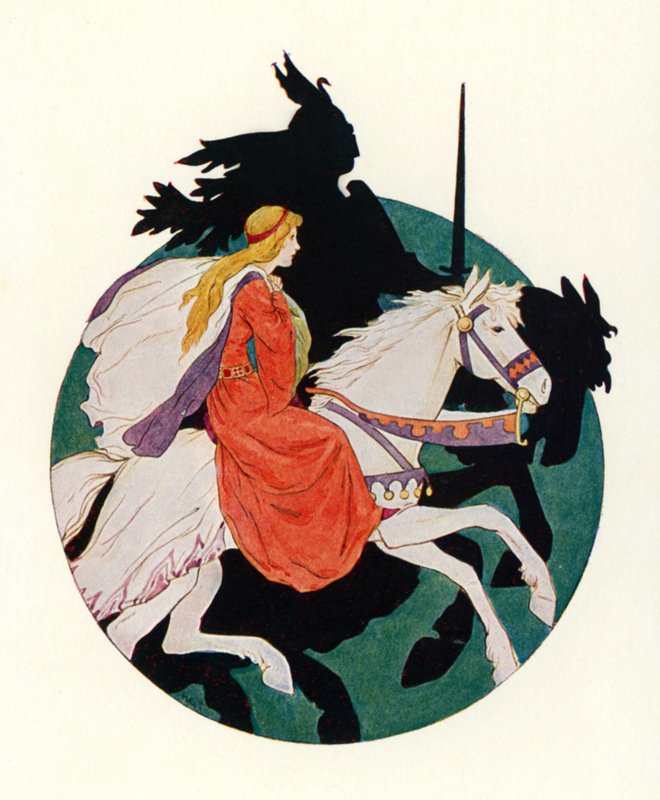 Musta ritari ratsastaa pois neito mukanaan (värilitografia). tekijältä Harry George Theaker