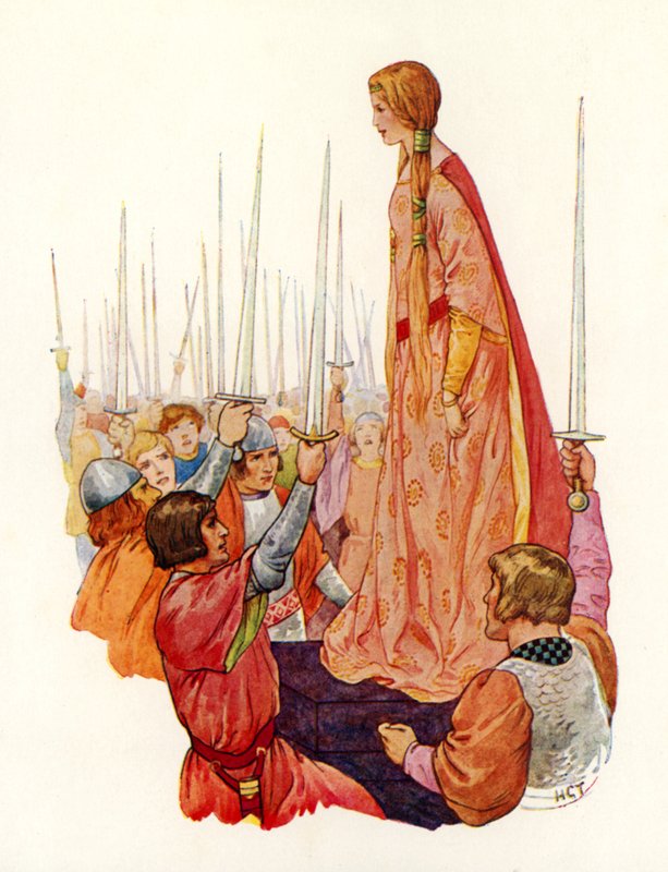 Ritarit tervehtivät prinsessa Guinevereä, tulevaa kuningatarta (värilitografia). tekijältä Harry George Theaker