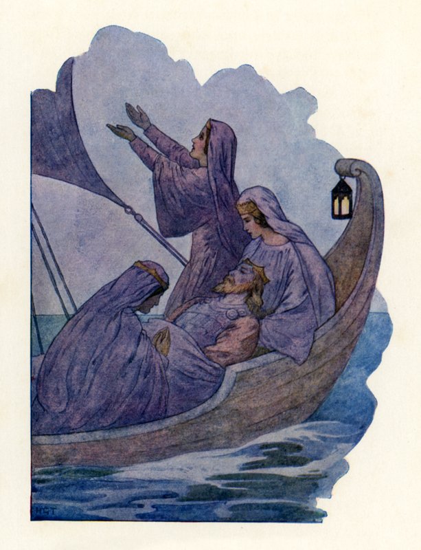 Kuningas Arthurin poismeno (värilitografia) tekijältä Harry George Theaker
