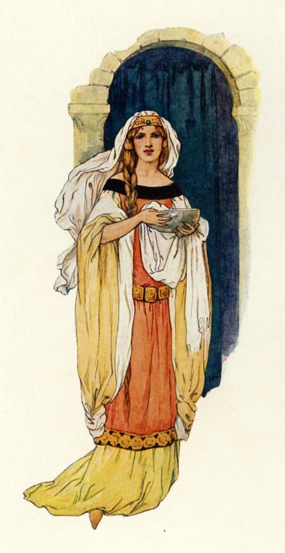 Prinsessa Guinevere tuo vettä hopeisessa altaassa (värilitografia). tekijältä Harry George Theaker